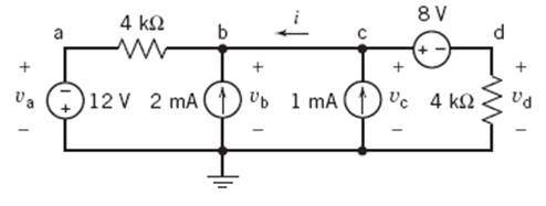 P 4 3 2 The Voltages Va Vb Vc And Vd In Figure P 4 3 2 Are The Node Voltages Corresponding To Nodes A B C And D The Current I Is The Current In A Short Circuit Connected Between Nodes B And C Determine The Values Of Va Vb Vc And Vd And Of I Answer V